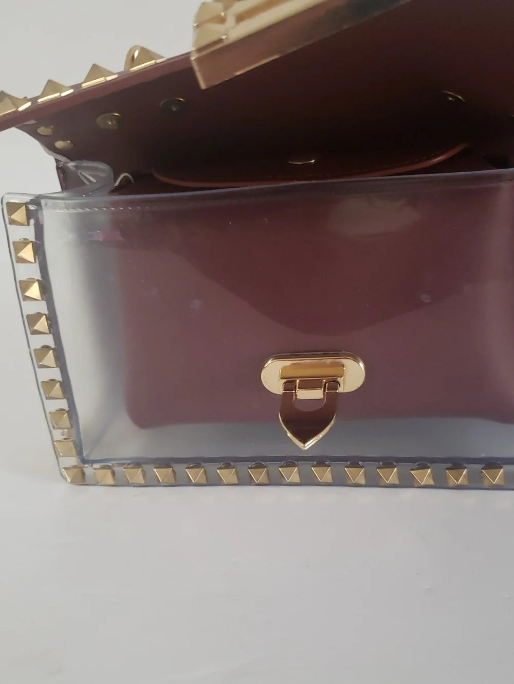 Most Wanted NWOT Cognac Brown/Clear Gold Studded Crossbody Handbag